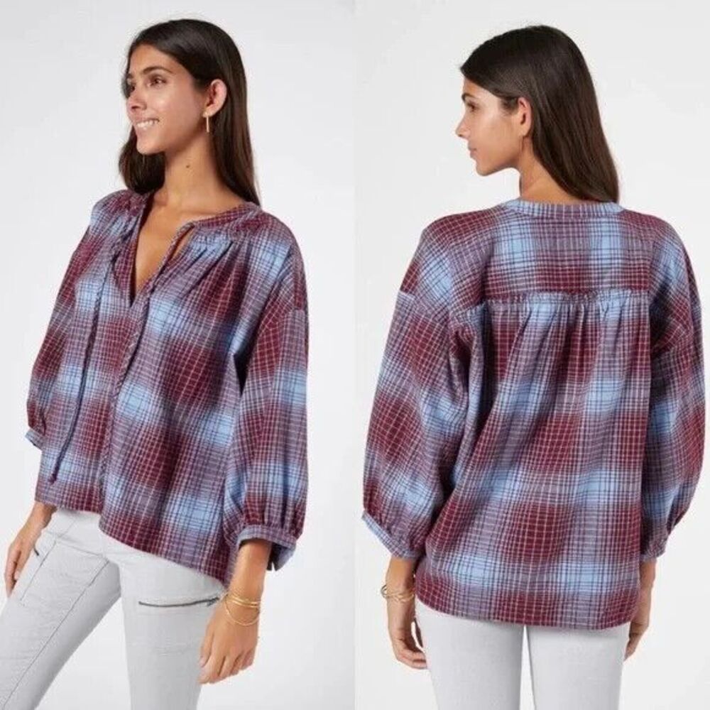 NWT Joie Barrian Plaid Flannel 3/4 Sleeve Relaxed Fit Top Size M